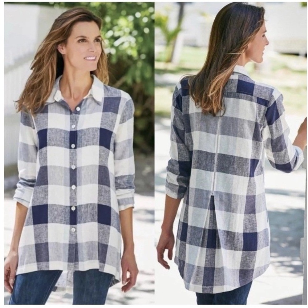 Soft Surroundings XL Plaid Tunic Shirt Oversized Linen Blend Coastal Lagenlook